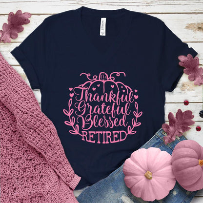 Thankful Grateful Blessed Retired V-Neck Pink Edition