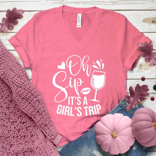 Oh Sip It's A Girl's Trip V-Neck Pink Edition