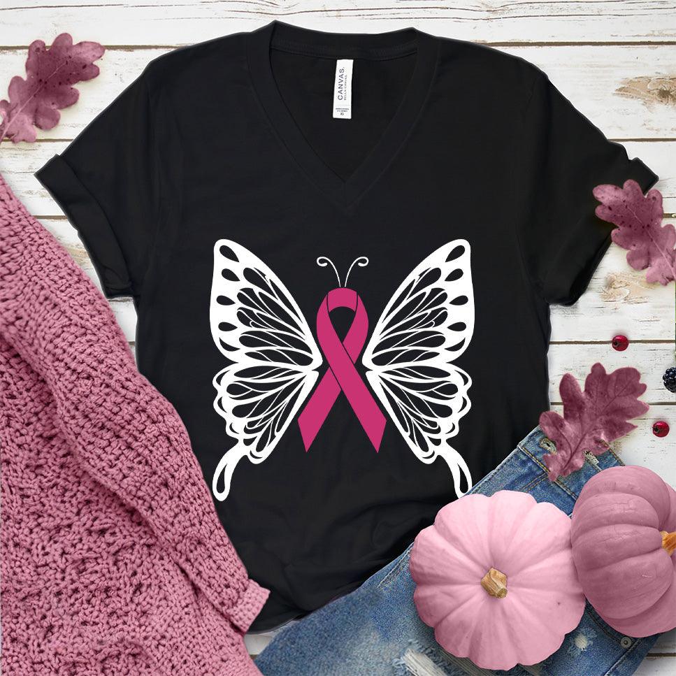 Cancer Ribbon Butterfly Colored Edition V-Neck