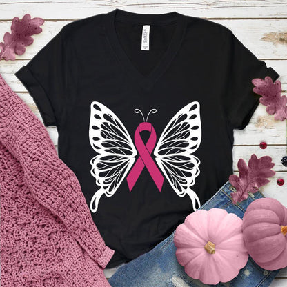 Cancer Ribbon Butterfly Colored Edition V-Neck