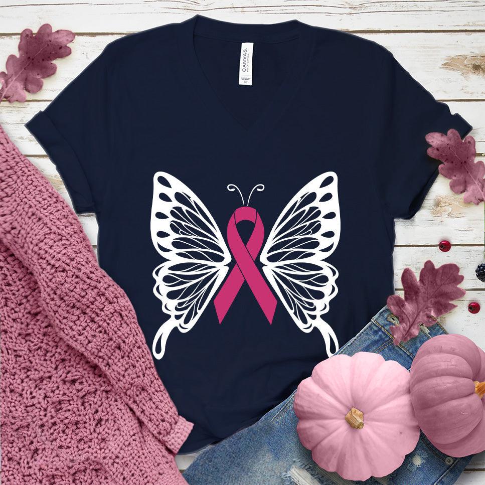 Cancer Ribbon Butterfly Colored Edition V-Neck