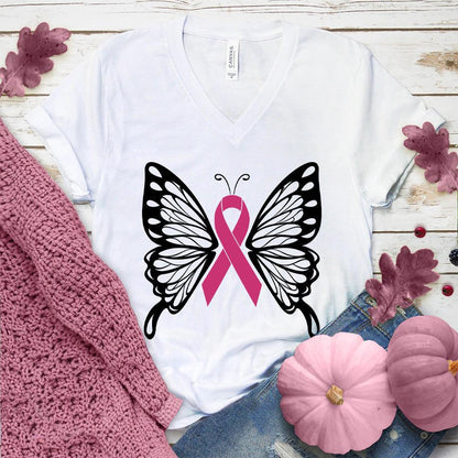 Cancer Ribbon Butterfly Colored Edition V-Neck