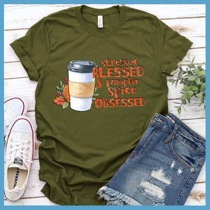 Stressed Blessed & Pumpkin Spice Obsessed Colored T-Shirt