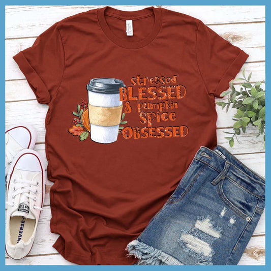 Stressed Blessed & Pumpkin Spice Obsessed Colored T-Shirt